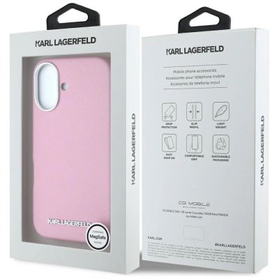 8. Karl Lagerfeld Saffiano Vollständig umwickelte längliche Metalllogo-MagSafe-iPhone 16-Hülle - Rosa