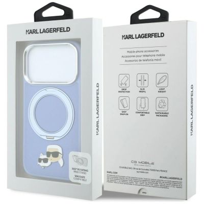 8. Karl Lagerfeld mit Ring Stand 360 Karl & Choupette Köpfe Pin MagSafe Hülle für iPhone 18 Pro / 17 Pro - hellblau