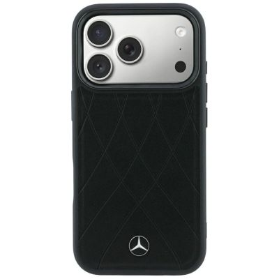 3. Mercedes Lederhülle mit gekreuzten Linien und MagSafe-Design für iPhone 17 Pro / 18 Pro – Schwarz