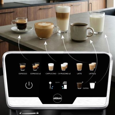 30. ELDOM Espressomaschine ECK1 1300W 20 BAR, Milchbehälter, 6 Automatikprogramme, 2 manuelle Programme