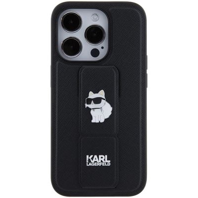 4. Karl Lagerfeld Gripstand Saffiano Choupette Pins Hülle für iPhone 15 Pro Max – Schwarz