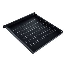 19" verstellbarer Einlegeboden, 1 HE, Tiefe 500-900 mm, Tragfähigkeit 100 kg, 4-Punkt-Befestigung, schwarz, Schrauben im Lieferumfang enthalten.