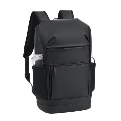 8. Rivacase Eden City Rucksack, Schwarz, Polyester, gewachstes Leder (Pull-Up)