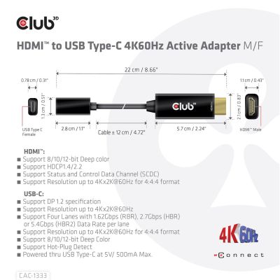 4. CLUB 3D CAC-1333 Kabeladapter 0,22 m HDMI Typ-A (Standard) USB Typ-C Schwarz