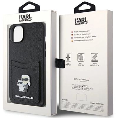 8. Karl Lagerfeld Saffiano Cardslot Karl&Choupette Metal Pin Hülle für iPhone 15 – Schwarz