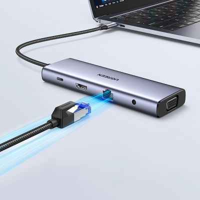 4. Ugreen USB-C Hub 10in1 USB-C HDMI Ethernet USB-A 5GB/s SD/TF Mini-Klinkenanschluss – Grau
