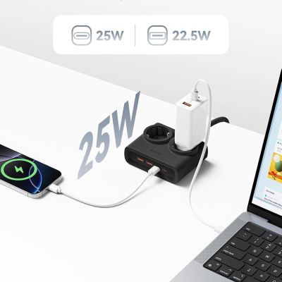 3. Orico PDC25 25W 6-in-1 Steckdosenleiste (2x AC + 2x USB-A + 2x USB-C) – Schwarz