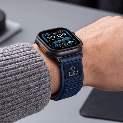 7. Tech-Protect Nylon Elite Armband für Apple Watch 44 / 45 / 46 / 49 mm – Marineblau-Orange