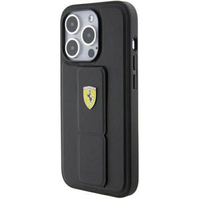 3. Ferrari Grip Stand Metall-Logo-Hülle für iPhone 15 Pro – Schwarz
