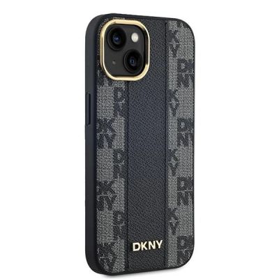 4. DKNY Leder-MagSafe-Hülle mit kariertem Monomuster für iPhone 15 Plus / 14 Plus – Schwarz