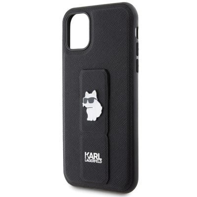 6. Karl Lagerfeld Gripstand Saffiano Choupette Pins Hülle für iPhone 11 / Xr – Schwarz