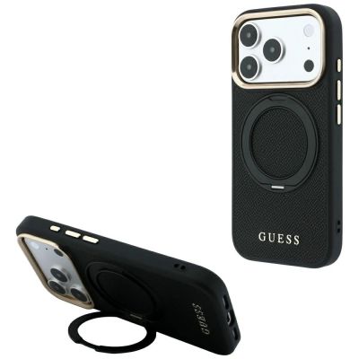 Guess Ring Stand 360 Grained Classic Logo MagSafe Hülle für iPhone 18 Pro / 17 Pro – schwarz