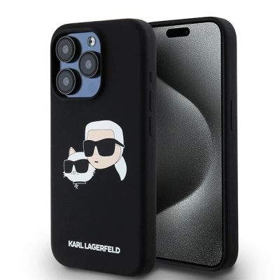 Karl Lagerfeld Silikon Karl&Choupette MagSafe Hülle für iPhone 15 Pro Max – Schwarz