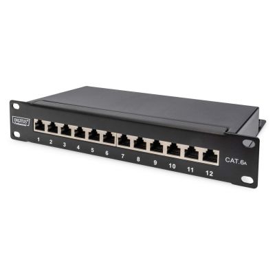 Digitus Patchpanel 10'' 12x RJ45, LSA-Level, Cat.6A, geschirmt, 1 HE, schwarz, Kabelführung