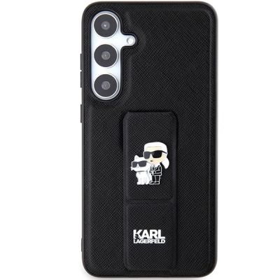 3. Karl Lagerfeld Gripstand Saffiano Karl&Choupette Pins Hülle für Samsung Galaxy S24+ – schwarz