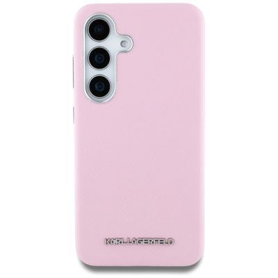 3. Karl Lagerfeld Saffiano Vollumwickelte MagSafe Hülle mit länglichem Metalllogo für Samsung Galaxy S25 - Rosa