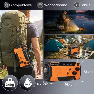 40. Extralink Solar-Notfallradio mit Kurbeldynamo-Powerbank (4000 mAh) und SOS-Taschenlampe SR-4000, tragbar, analog, Schwarz/Orange