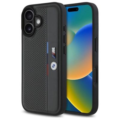 BMW M Perforated Tricolor Detail Line Hülle für iPhone 16 – Dunkelgrau