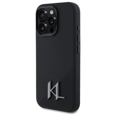 2. Karl Lagerfeld Silikon-Schutzhülle mit Shadow Metal Initialen und MagSafe-Design für iPhone 16 Pro – Schwarz
