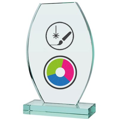 3. Glastrophäe mit LuxorJet-Farbdruck, Gravur, Farbfüllung und Etui
