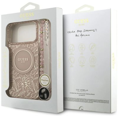 8. Guess IML Flowers Electro Pearl Strap MagSafe Case für iPhone 17 Pro Max - Rosa
