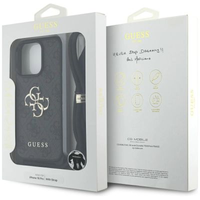 7. Guess 4G Big Logo Cord Stap Crossbody Case für iPhone 16 Pro Schwarz