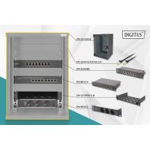 10-Zoll-Netzwerkset: 9HE-Wandschrank, Ablage, Steckdosenleiste, 8-Port-Switch, Cat.6-Anschlussfeld, schwarz