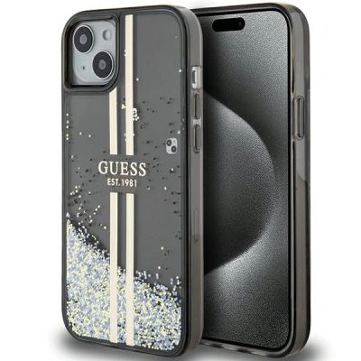 Guess Liquid Glitter Gold Stripes Hülle für iPhone 15 Plus / 14 Plus – Schwarz