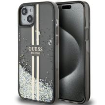 Guess Liquid Glitter Gold Stripes Hülle für iPhone 15 Plus / 14 Plus – Schwarz