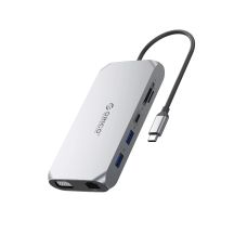 Orico XCR 12-in-1 USB-C Dockingstation mit 2x USB-A 3.1, 1x USB-A 2.0, 1x USB-C PD 100W, 1x USB-C 3.1, 2x HDMI 2.0 4K 60 Hz, 1x VGA 1080p, 1x SD 3.0, 1x microSD 3.0, 1x RJ45 Gigabit Ethernet, 1x Audio, CTIA 3,5 mm – Grau