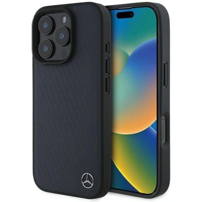 Mercedes MB Wood Kunstleder MagSafe Hülle für iPhone 16 Pro Max – Marineblau