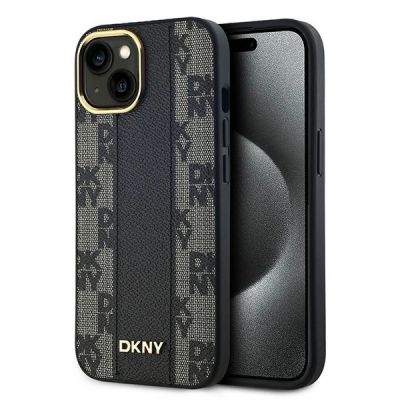 DKNY Leder-MagSafe-Hülle mit kariertem Monomuster für iPhone 15/14/13 – Schwarz