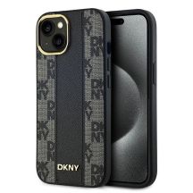 DKNY Leder-MagSafe-Hülle mit kariertem Monomuster für iPhone 15/14/13 – Schwarz