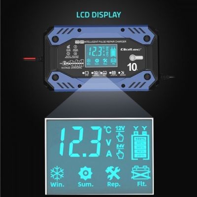 32. QOLTEC STD AGM GEL LIFEPO4-AKKU-LADEGERÄT | GLEICHRICHTER MIT REPARATURFUNKTION | 12–24 V | 10 A | LCD | 9-STUFIGES LADEN