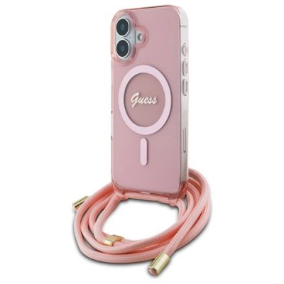 2. Guess Crossbody Cord Script MagSafe-Hülle für iPhone 16 – Rosa