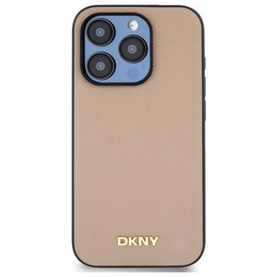 3. DKNY MagSafe iPhone 15 Pro Max Hülle mit genarbtem Metalllogo – Beige