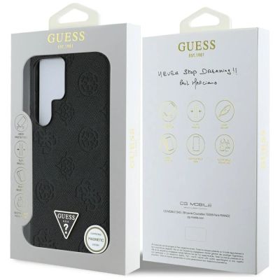 8. Guess MagSafe Hülle mit genarbtem Pfingstrosenmuster und Dreieckslogo für Samsung Galaxy S25 Ultra, Schwarz