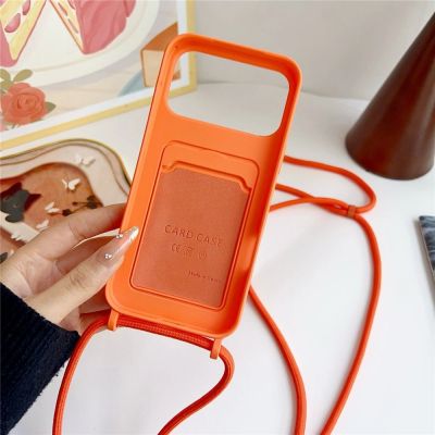 3. Silikonhülle für iPhone 17 Pro / 18 Pro mit Kartenfach und Schultergurt – Orange