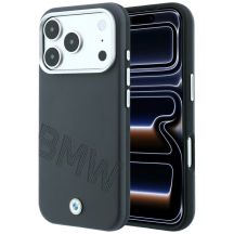 BMW-Logo mit schrägen Prägebuchstaben, MagSafe-Hülle für iPhone 17 Pro / 18 Pro – Grau