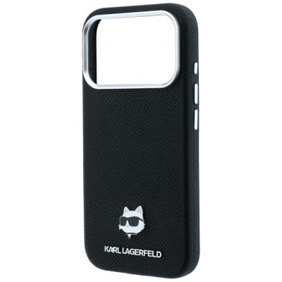 6. Karl Lagerfeld MagSafe-Schutzhülle aus Metall mit Choupette-Kopf-Motiv für iPhone 17 Pro Max / 18 Pro Max – Schwarz