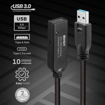 5. Lindy 43376 USB-Kabel USB 3.2 Gen 1 (3.1 Gen 1) 10 m USB A USB C Schwarz