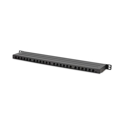 22. Hochdichtes Patchpanel 19 Zoll, 24x RJ45, LSA-Level, Cat. 6A, geschirmt, 0,5 HE, schwarz, Kabelführung