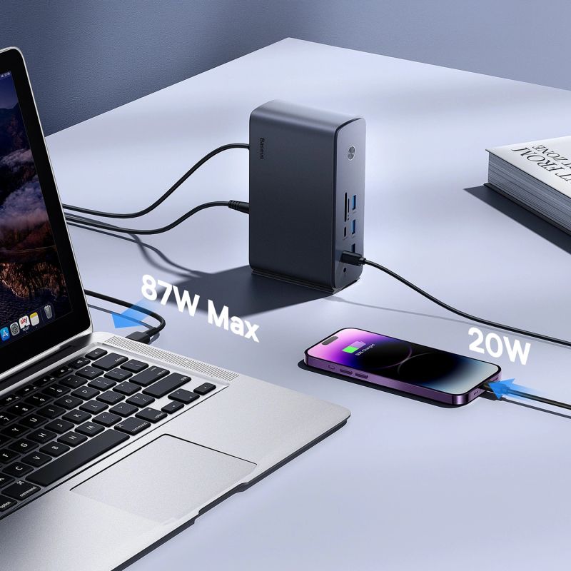 3. Baseus UnionJoy USB-C Dockingstation (2x HDMI 4K@60Hz, 1x DisplayPort 4K@60Hz, 3x USB-A 3.0, 2x USB-C 3.0, 2x USB-A 2.0, 1x RJ45 PD PC, 1x SD+TF, 1x 3,5-mm-Klinkenanschluss) – Grau