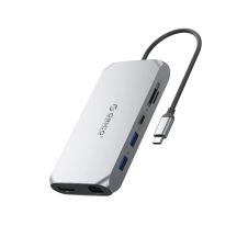 Orico XCR 12-in-1 USB-C Dockingstation mit 2x USB-A 3.1, 1x USB-A 2.0, 1x USB-C PD 100W, 1x USB-C 3.1, 2x HDMI 2.0 4K 60Hz, 1x DisplayPort 1.4 4K 60Hz, 1x SD 3.0, 1x microSD 3.0, 1x RJ45 Gigabit Ethernet, 1x Audio (CTIA 3,5mm) – Grau