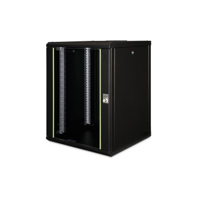 34. Einzigartiger 19-Zoll-Netzwerkschrank (16 HE) zur Wandmontage, 600 x 600 mm, Glastür, schwarz, ungeteilt, montiert, 100 kg
