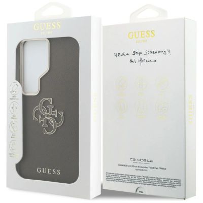 7. Guess Schutzhülle mit genarbtem, großem 4G-Metalllogo für Samsung Galaxy S26 Ultra – Braun