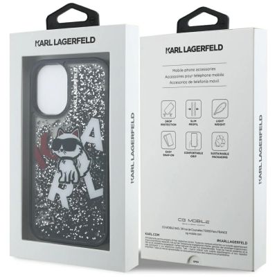 8. Karl Lagerfeld iPhone 16 Hülle mit flüssigem Glitzer und Choupette-Logo – Schwarz