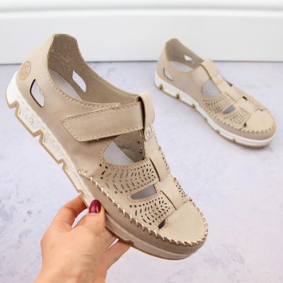 17. Rieker W RKR651 beige Leder Klettverschluss durchbrochene Schuhe