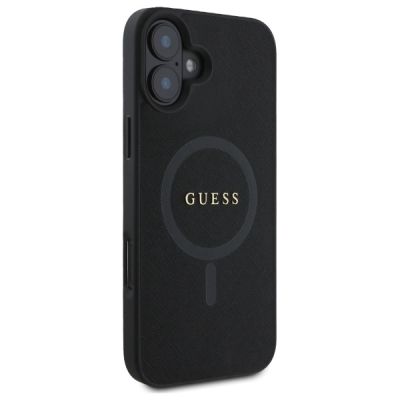 4. Guess Saffiano Classic Logo MagSafe-Hülle für iPhone 16 – Schwarz