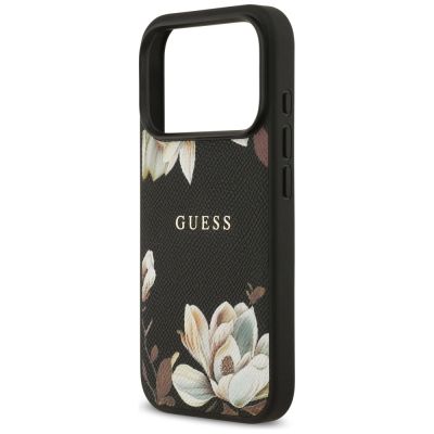 6. Guess Grained Flowers Classic Logo MagSafe Hülle für iPhone 17 Pro - Schwarz